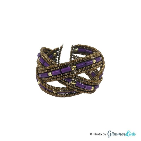 VTG Bohemian Purple Antiqued Gold Tone Braided Beaded Cuff Bracelet - Picture 5 of 7
